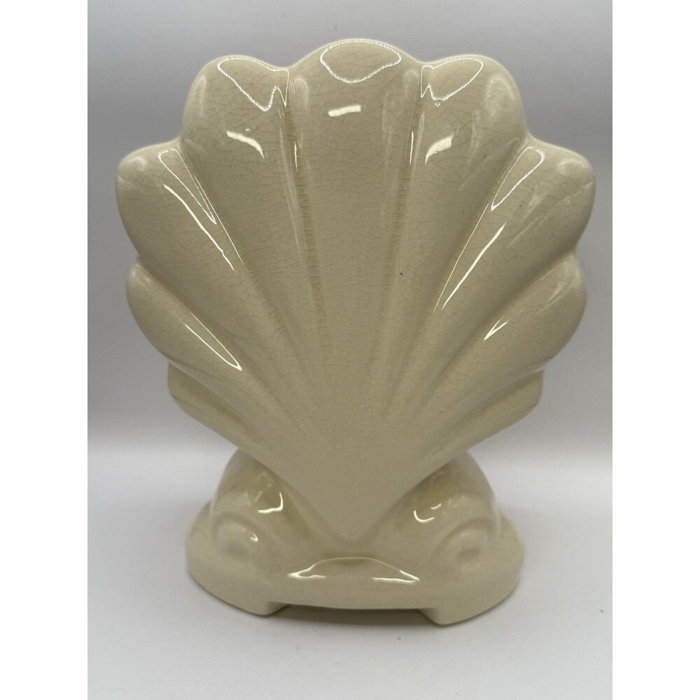 Footed Ceramic Cream Clam Shell Planter Vase Antique? American Bisque?